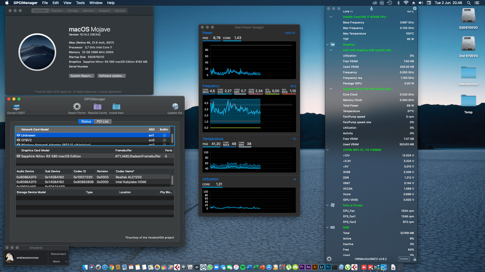 Success Hackintosh macOS Mojave 10.14.2 Build 18C54 in Gigabyte Z370N WIFI + Intel Core i7 8700K + Sapphire Nitro RX 580